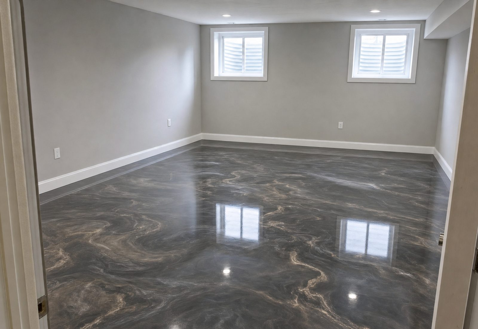 The same basement after installation, finished with a pearl charcoal metallic epoxy floor with silver and bronze veining
