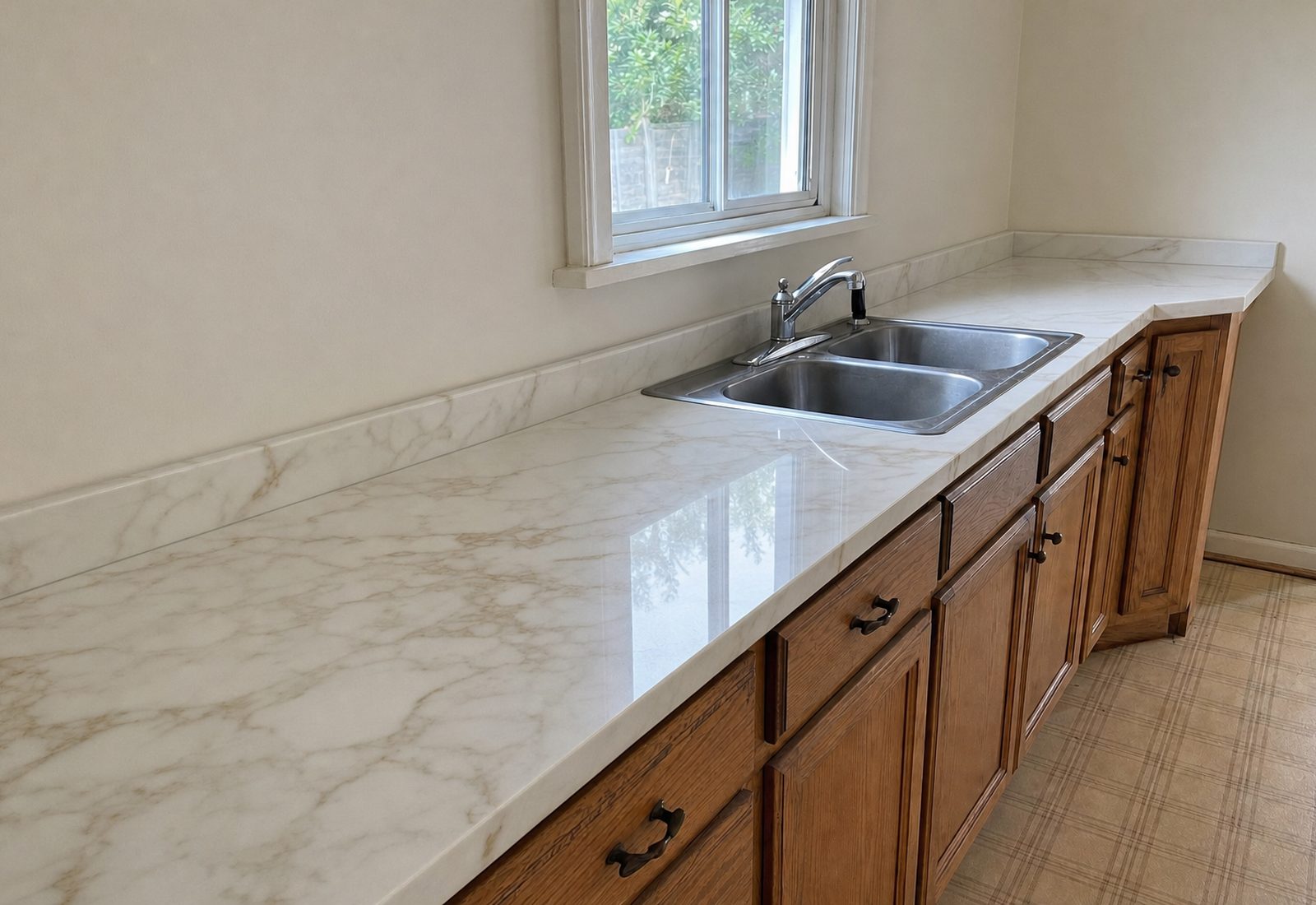 The same kitchen counter after resurfacing with a poured epoxy countertop in a white marble look