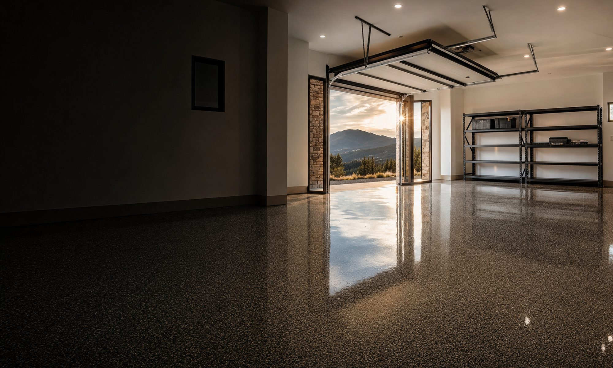 Finished charcoal and tan flake epoxy garage floor in a Colorado mountain home, gloss reflecting the open garage door at sunset